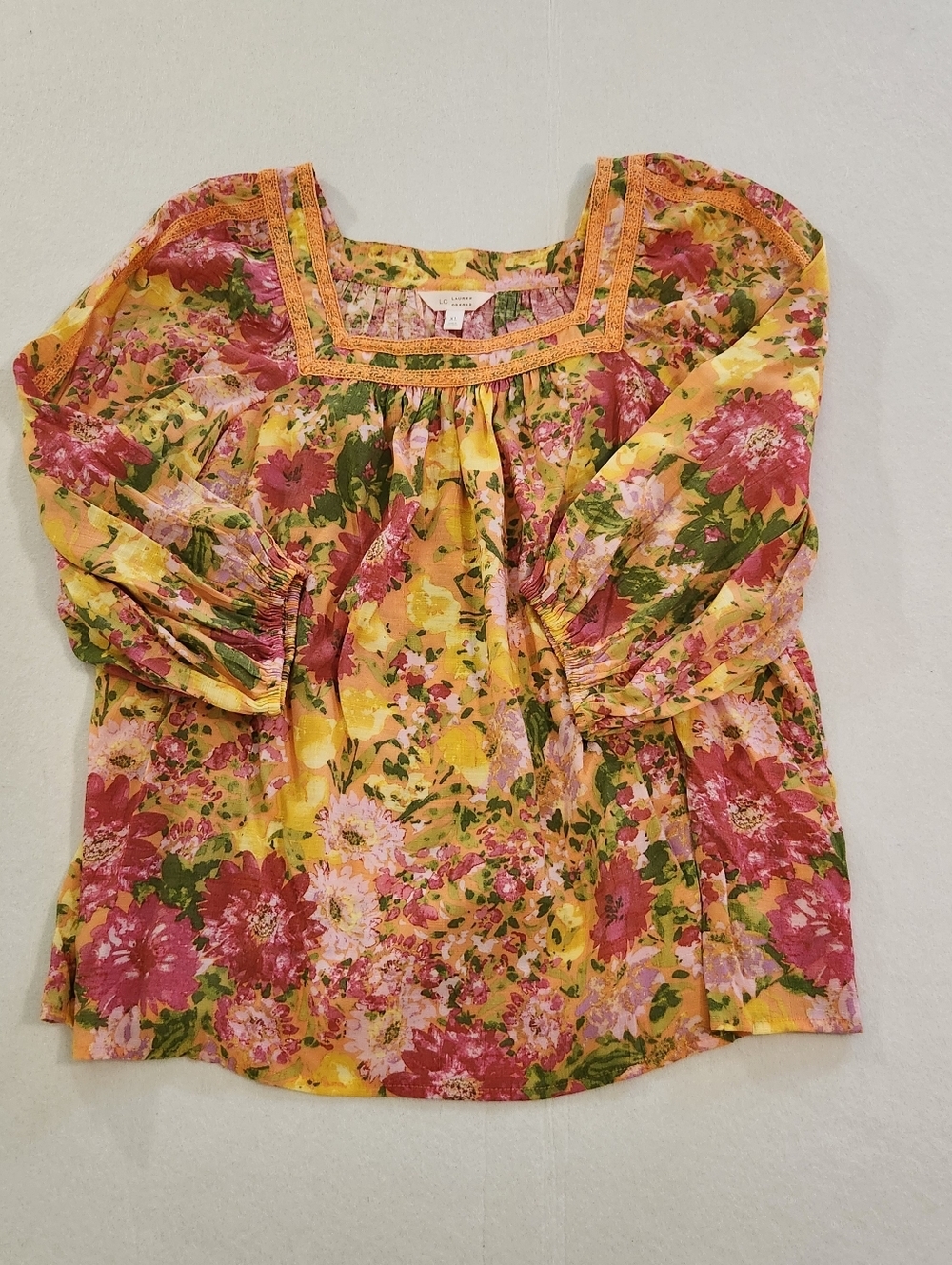 LC Lauren Conrad Yellow Floral Square Neck Blouse with Pink and Green Size XL - Picture 1 of 6